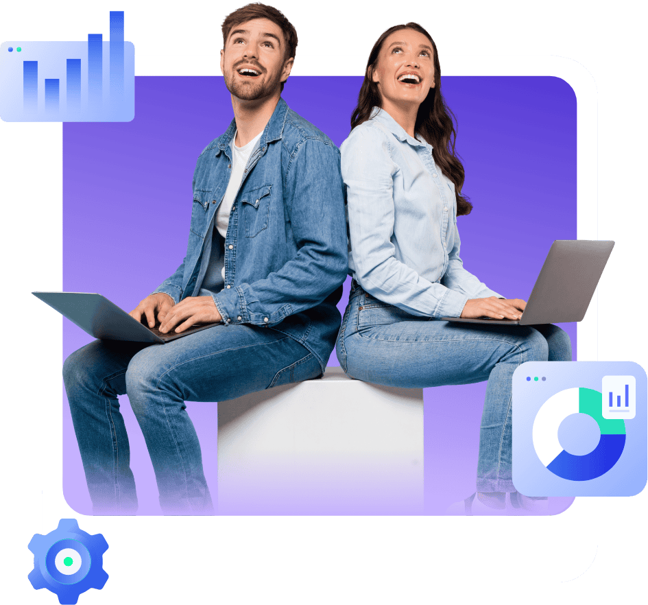 a man and a woman sitting on a chair with computer on their laps